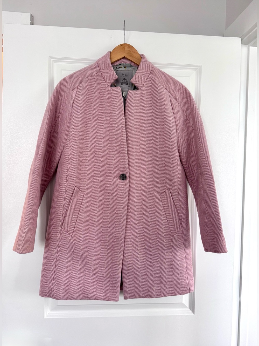 Joules Women’s Pink Herringbone Mid-Length Single-Button Wool-Blend Coat size 4